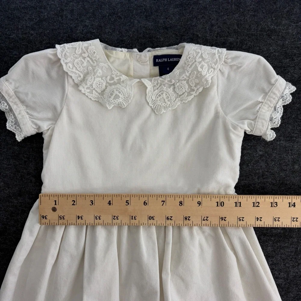 Ralph Lauren Girls Cream Corduroy Lace Collar Dress‎ Size 4 Pintuck Hem Holiday